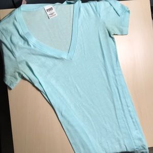 V neck light blue short sleeve